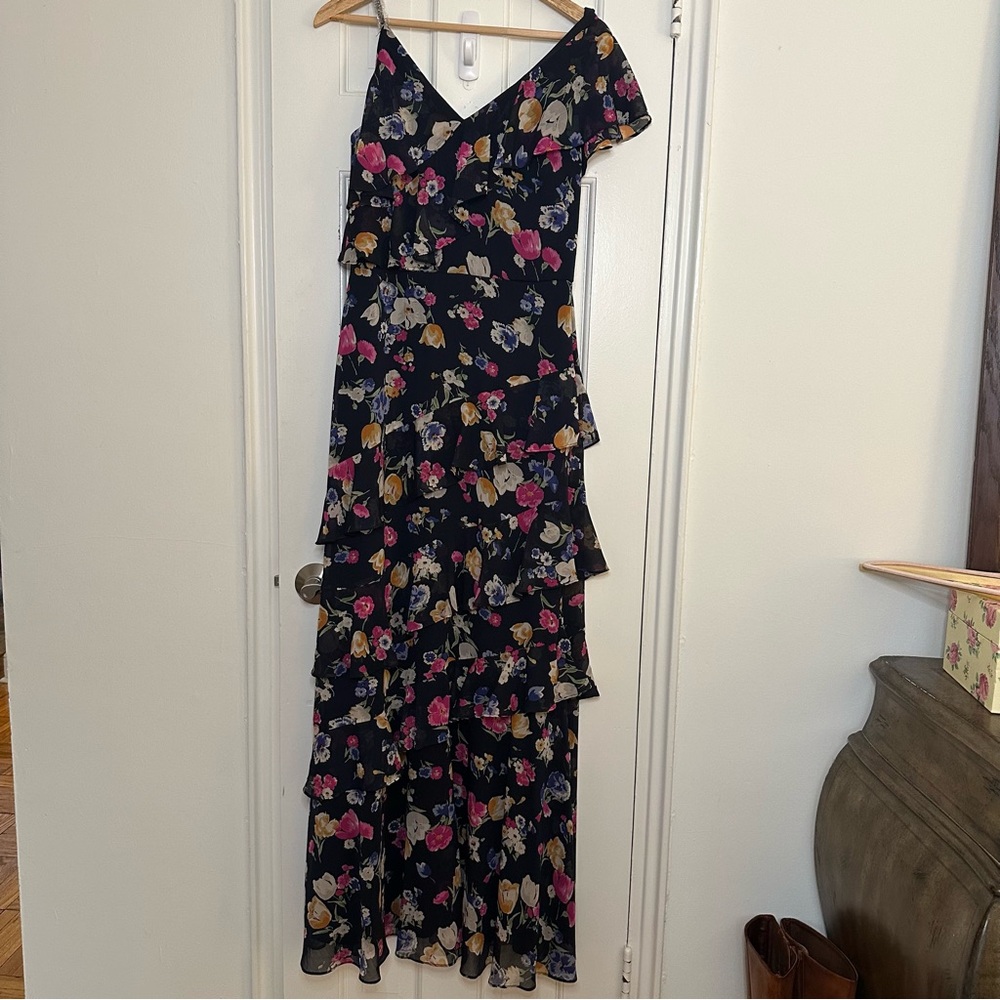 Lauren Ralph Lauren Floral Crinkled Georgette Dress Blue Tiered Ruffle Beaded 6 - Picture 3 of 12